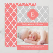 Coral Pink Modern Monogram Aangepast Foto Baby Aankondiging (Voorkant / Achterkant)