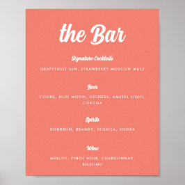Coral Pink Modern Script Wedding Bar Menu Poster