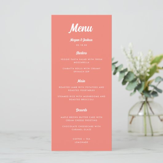 Coral Pink Modern Script Wedding Menu (Staand voorkant)