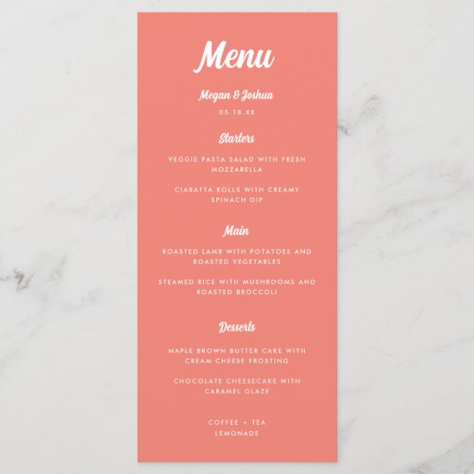 Coral Pink Modern Script Wedding Menu (Voorkant)