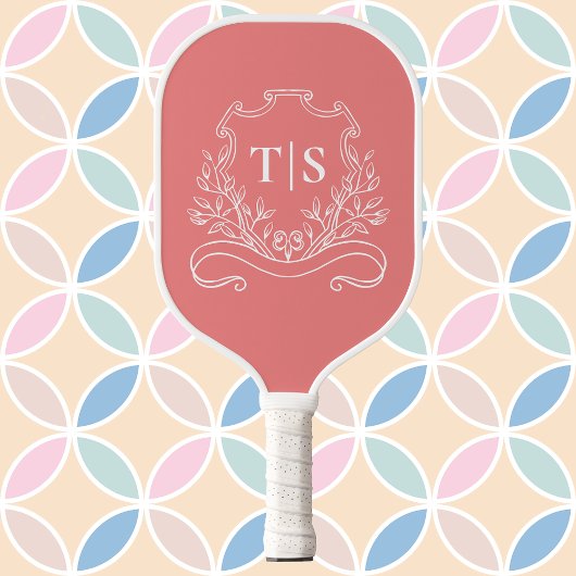 Coral Pink Monogram Initial Girly Classic Crest Pickleball Paddle