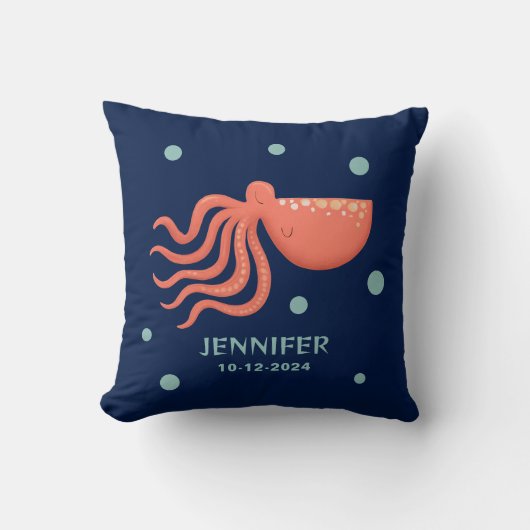 Coral Pink Octopus on Navy – Coastal Sea Design Kussen (Voorkant)