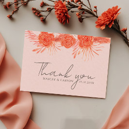 Coral Pink Orange Floral Script Wedding Bedankkaart