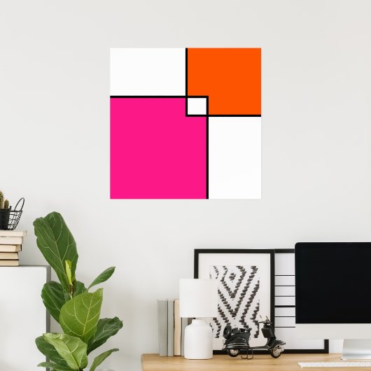 Coral Pink Oranje White Squares Poster (Thuiskantoor)