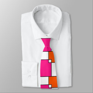 Coral Pink Oranje White Squares Stropdas