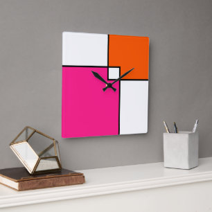 Coral Pink Oranje White Squares Vierkante Klok