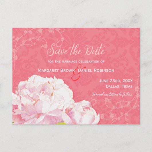 Coral Pink Peony Wedding Save the Date Aankondigingskaart (Voorkant)