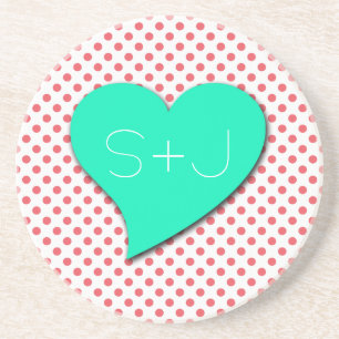 Coral Pink Polka Dots-Monogram van Shirley Taylor Zandsteen Onderzetter