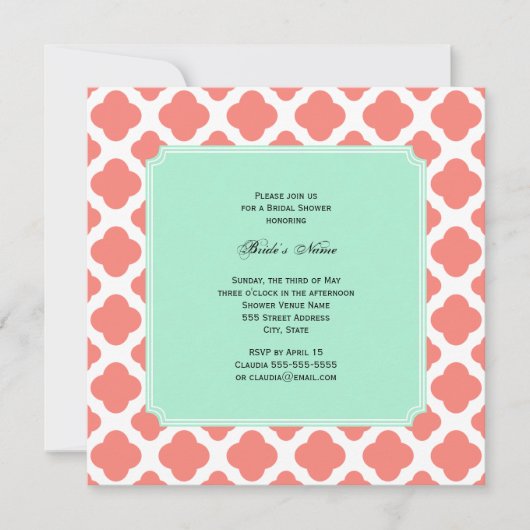 Coral Pink Quatrefoil en Mint Green Vrijgezellenfe Kaart (Voorkant)
