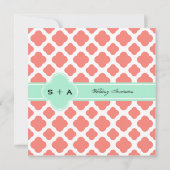 Coral Pink Quatrefoil en Mint Green Wedding Kaart (Achterkant)