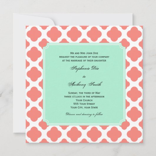 Coral Pink Quatrefoil en Mint Green Wedding Kaart (Voorkant)