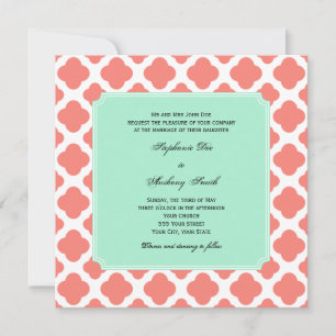 Coral Pink Quatrefoil en Mint Green Wedding Kaart