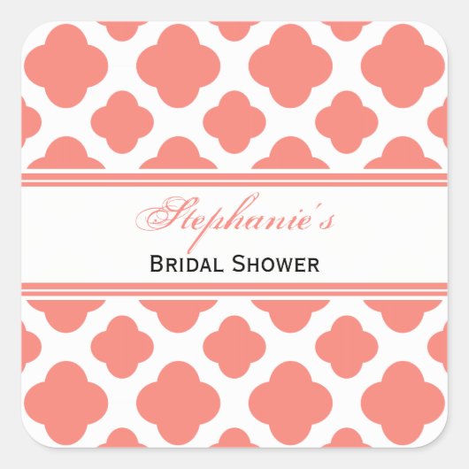 Coral Pink Quatrefoil Pattern Vrijgezellenfeest Vierkante Sticker (Voorkant)