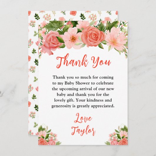 Coral Pink Red Roses Floral Baby Shower Bedankkaart (Voorkant / Achterkant)