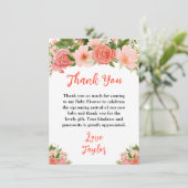 Coral Pink Red Roses Floral Baby Shower Bedankkaart (Staand voorkant)