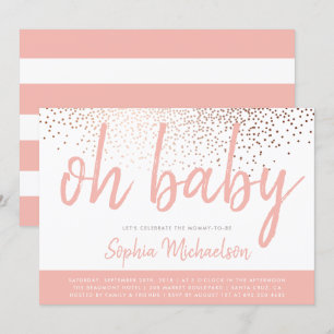 Coral Pink & Roos Gold Confetti Oh Baby shower Kaart