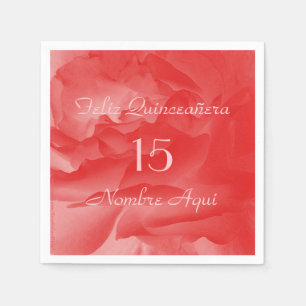 Coral Pink Rose, Feliz Quinceanera, Name Paper Servet