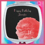 Coral Pink Rose Sweet 16, 16th Birthday, Name Make-up Spiegeltje<br><div class="desc">Deze gepersonaliseerde naamcompacte spiegel is versierd met een foto van een mooie koraalroze roos op een zwarte achtergrond. Gemakkelijk om voorbeeldtekst te personaliseren of te schrappen. Wat een geweldig verjaardagscadeau. De standaardtekst is voor 16de verjaardag, "weet 16", maar kan gemakkelijk voor om het even welke naam, gebeurtenis, of aantal jaren...</div>