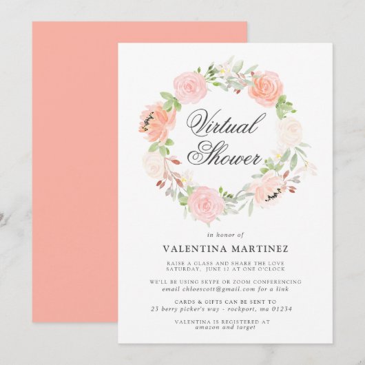 Coral Pink Rose Wreath Virtual Bridal Baby shower Kaart (Voorkant / Achterkant)