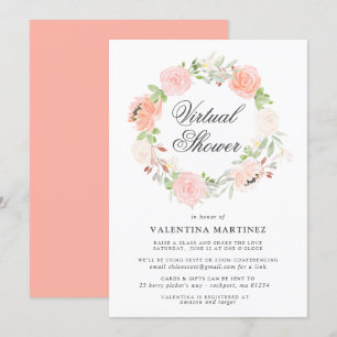 Coral Pink Rose Wreath Virtual Bridal Baby shower Kaart