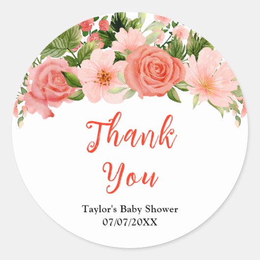 Coral Pink Roses Floral Baby Shower Thank You Ronde Sticker (Voorkant)