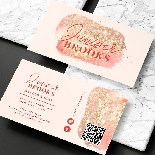 Coral Pink Social Media QR Code Gold Glitter Visitekaartje