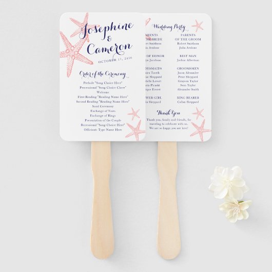 Coral Pink Starfish Beach Weddenprogramma Handwaaier (Voorkant en achterkant)
