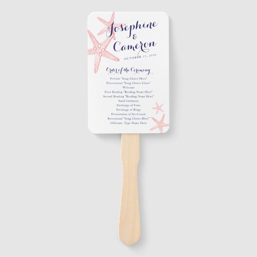 Coral Pink Starfish Beach Weddenprogramma Handwaaier (Voorkant)