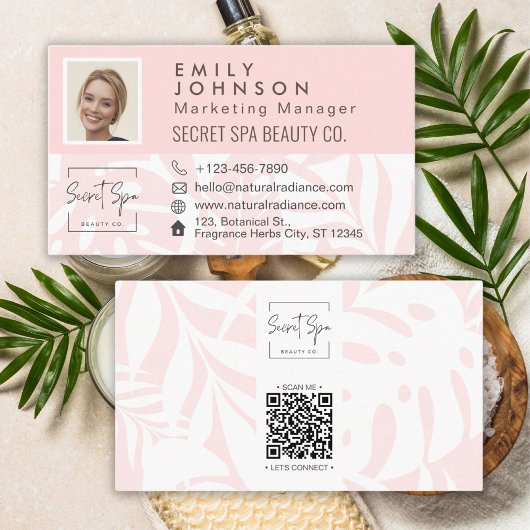 Coral Pink Tropical Leaf Beauty & Spa Foto QR Visitekaartje