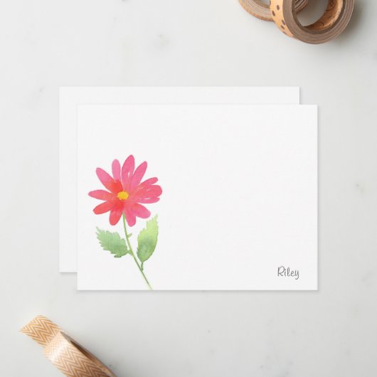 Coral Pink Waterverf Daisy Notitiekaartje (Voorkant / Achterkant in situ)