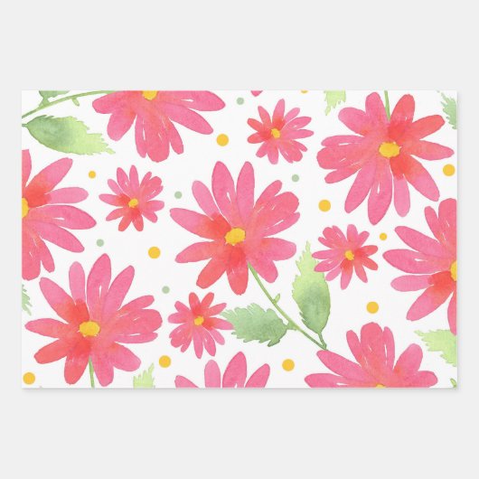 Coral Pink Waterverf Daisy Pattern 2 Inpakpapier Vel (Voorkant 2)