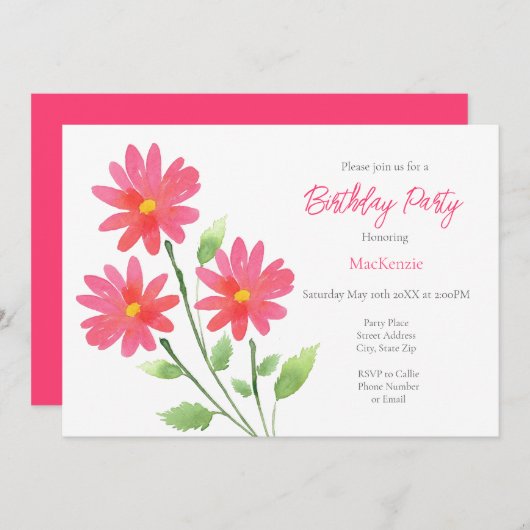 Coral Pink Waterverf Daisy Stems Kaart (Voorkant / Achterkant)