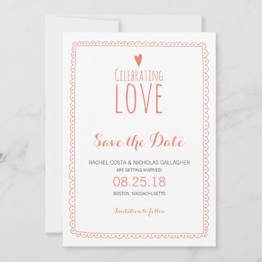 Coral Pink Whimsical Doodle Lijst Save the Date Kaart (Voorkant)