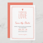 Coral Pink Whimsical Doodle Lijst Save the Date Kaart (Voorkant / Achterkant)