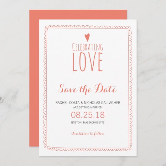 Coral Pink Whimsical Doodle Lijst Save the Date Kaart (Voorkant / Achterkant)