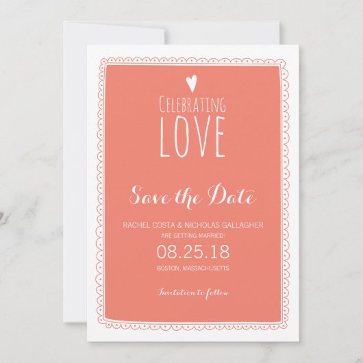 Coral Pink Whimsical Doodle Lijst Save the Date Kaart (Voorkant)