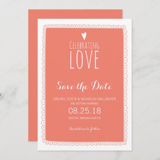 Coral Pink Whimsical Doodle Lijst Save the Date Kaart (Voorkant / Achterkant)