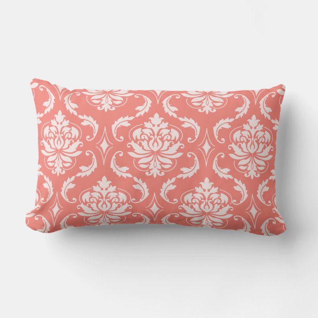 Coral Pink White Classic Damask Patroon Kussen (Voorkant)