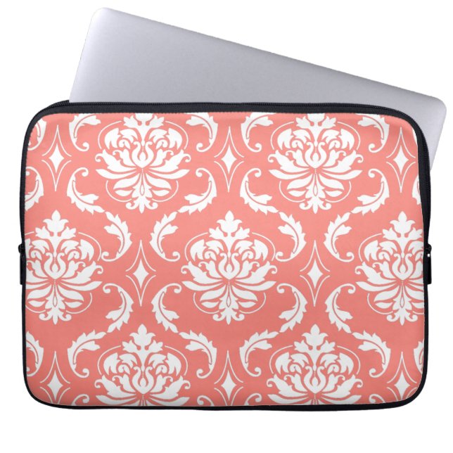 Coral Pink White Classic Damask Patroon Laptop Sleeve (Voorkant)