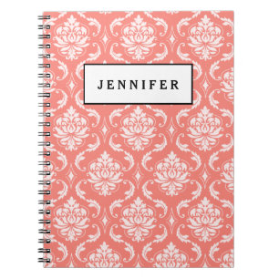 Coral Pink White Classic Damask Patroon Notitieboek