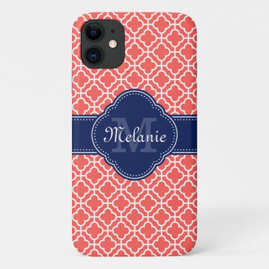 Coral Pink WhMoroccan Pattern Monogram Case-Mate iPhone Case (Achterkant)