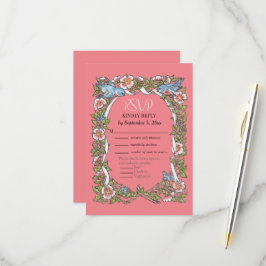 Coral Pink Wildflower Bird Border Bloemen Bruiloft RSVP Kaartje