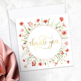 Coral Pink Wildflower Gold Script Bedankt Notitiekaartje
