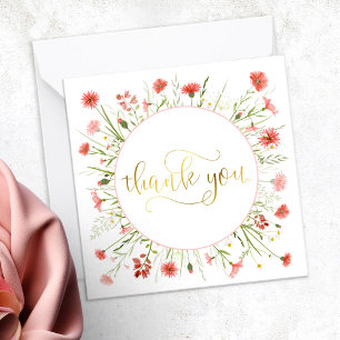 Coral Pink Wildflower Gold Script Bedankt Notitiekaartje
