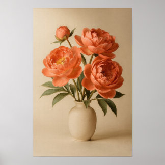 Coral Pioenrozen in Ivoren Vaas Bloemposter Poster