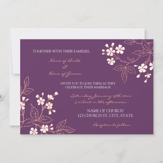 Coral Plum Floral Wedding Invitation Cards Kaart (Voorkant)