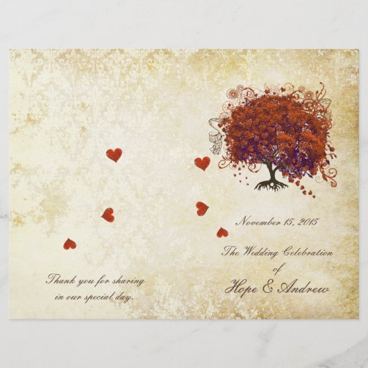 Coral Plum Heart Leaf Tree Gold Wedding Program (Voorkant)