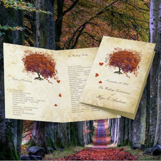 Coral Plum Heart Leaf Tree Gold Wedding Program