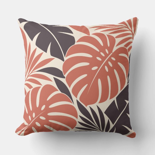 Coral Plum Tropical Leaf Silhouette Kussen (Voorkant)