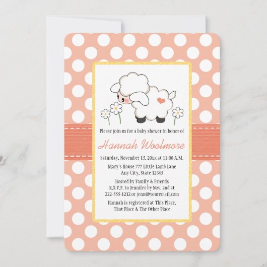 Coral Polka Dot Lamb Baby shower Kaart (Voorkant)